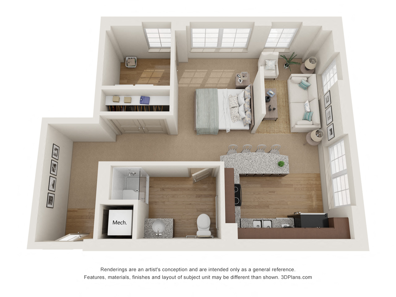 Floor plan for studio, 1 bath, 704 sqft